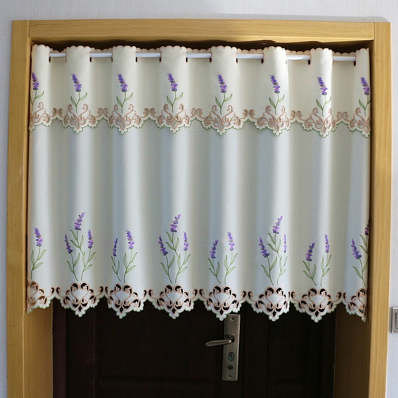 Half-curtain Purple Lavender Flower Embroidery Hollow Lace Hem Coffee Curtain Tulle Curtain for Wedding Kitchen Cabinet Door