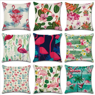 Nordic Flamingo Tropical Leaf Decorative Throw Pillow Case 18 X 18 Inch(45*45CM)Cotton Linen