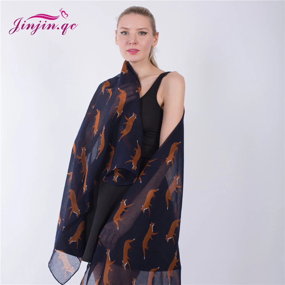 Jinjin.QC Fashion Womens Viscose Scarves and Wraps Soft Scarf Women Fox Print Cat Head Shawl Feather echarpes foulards female