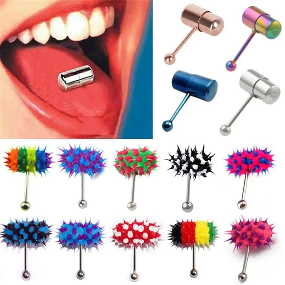 1Piece Hip Hop Rubber Vibrating Tongue Ring 1.6*18*5mm Stainless Steel Barbell Tongue Piercing Punk Unisex Body Jewelry