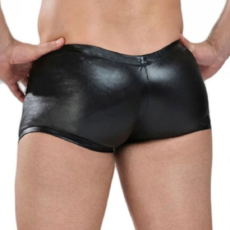 Black Male faux leather trunk low-waist sexy men\'s rings  panties cool boxers