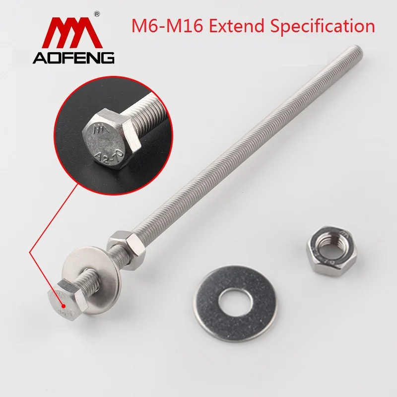 External Hexagon Extended Screws 304 Stainless Steel Outer Flat Hexagon Head Bolt for Machine M6 M8 M10 M12 M16 200mm 180mm Long