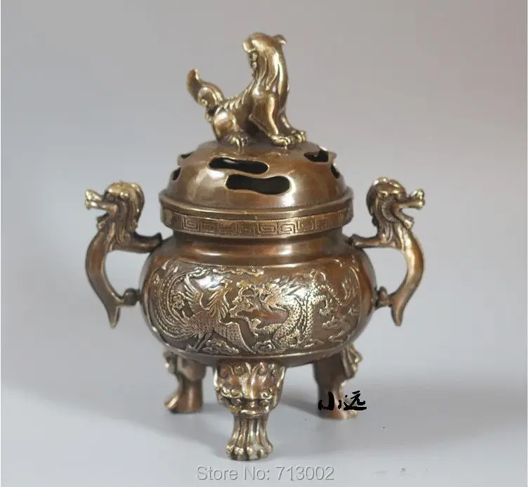 Vintage Lucky Incensory Chinese Dragon Phoenix Incense Burner Censer Copper Beast On It