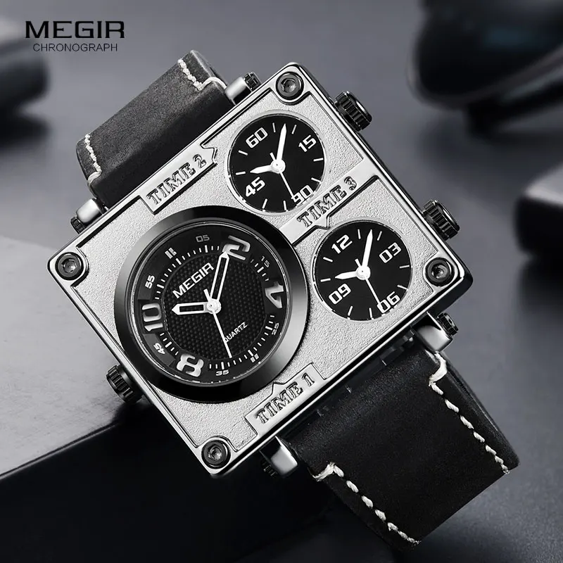 MEGIR Multi Time Zones Quartz Watches Men Top Brand Luxury Relogios Masculino Square Dial Leather Army Sport Wristwatch Man2069g