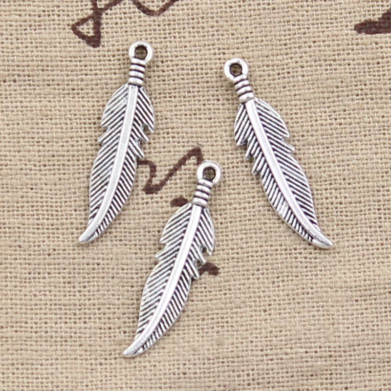 30pcs Charms Double Sided Feather 27x7mm Antique Making Pendant fit,Vintage Tibetan Bronze Silver color,DIY Handmade Jewelry