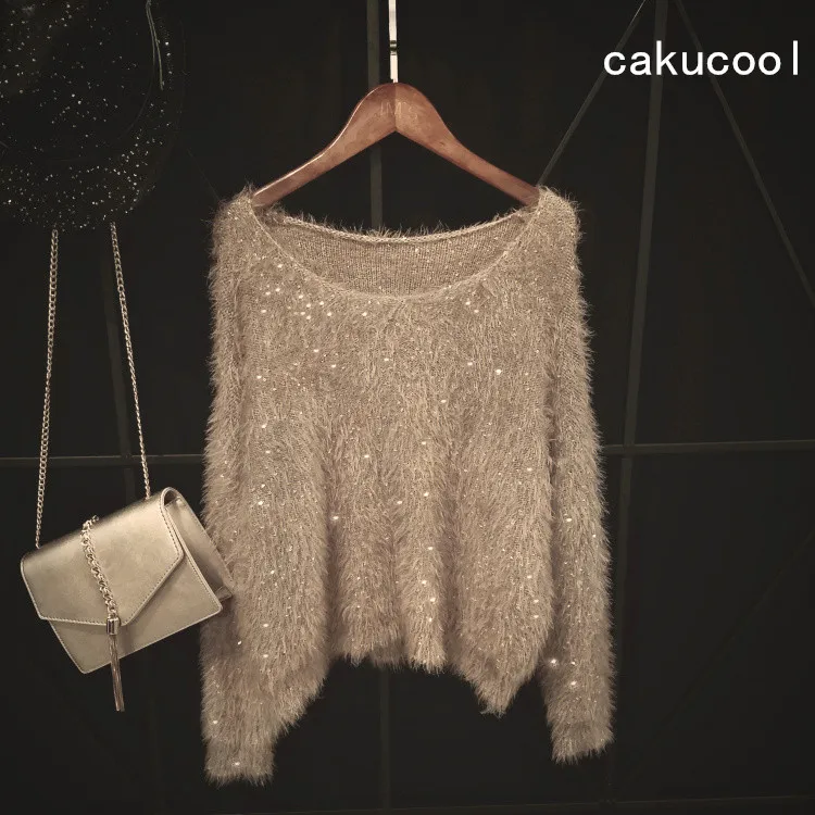 Cakucool Sequine Sweaters Women Hairy Mohair Round Neck Thick Jumper Slim Korean Shiny Sweater Knit Pullover Tops Femme 13colors