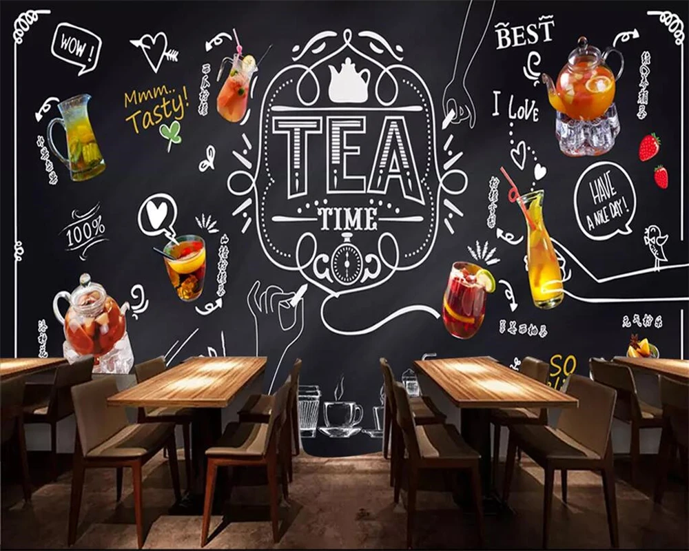 Beibehang Wallpaper mural hand-painted chalk blackboard fruit tea leisure bar tea shop cafe background wall mural 3d wallpaper