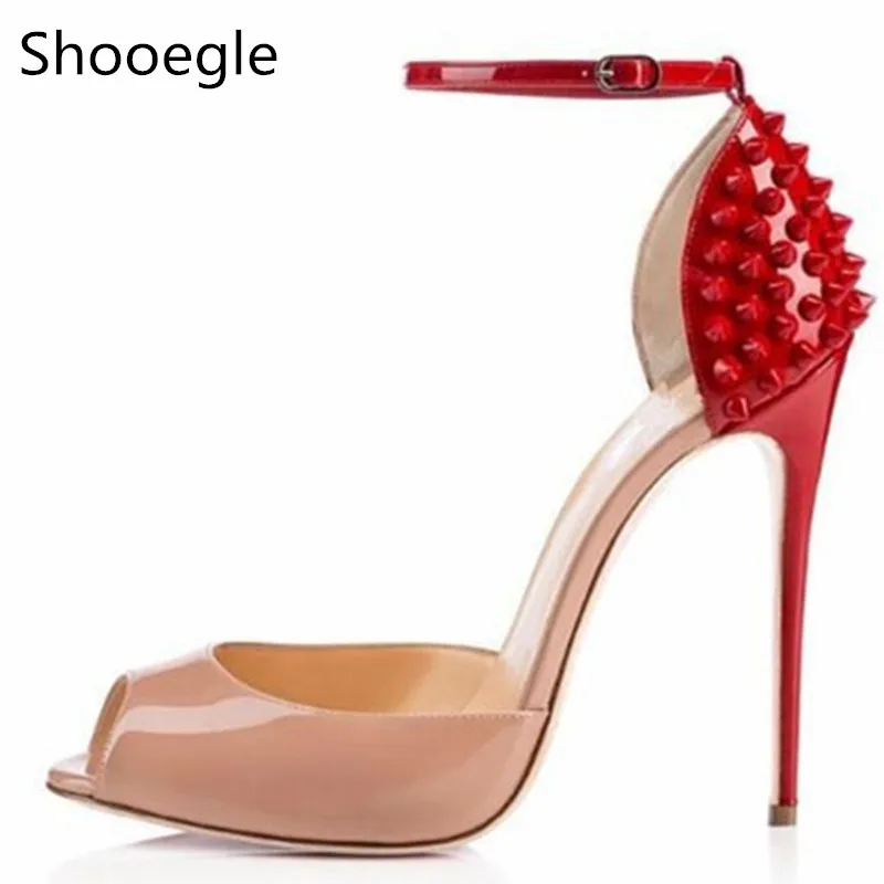 

Ladies Rivets Peep Toe Sandals Ankle Buckle Strap Sexy Nude Red Cover Heels Stiletto Women Pumps Free Shipping Shoes Women