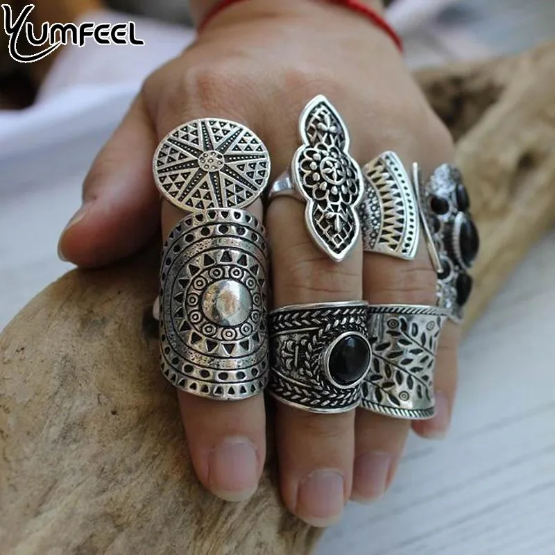 Yumfeel Vintage Boho Jewelry Rings Mixed Lot Tibetan Silver Plated Ring Bohemian Ring Women Vintage Jewelry