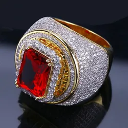 Luxury Hiphop male ring Silver Color 3ct Red AAAAA Zircon cz Rock Wedding Band Rings for men Finger Party Jewelry