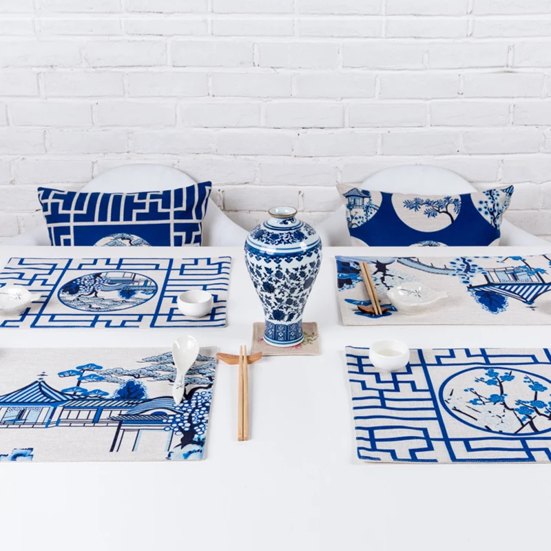 Table decor Chinese style Retro Blue classic Pattern Upscale Tea mats Western Placemat Double layer Thick Linen Tablecloth pad