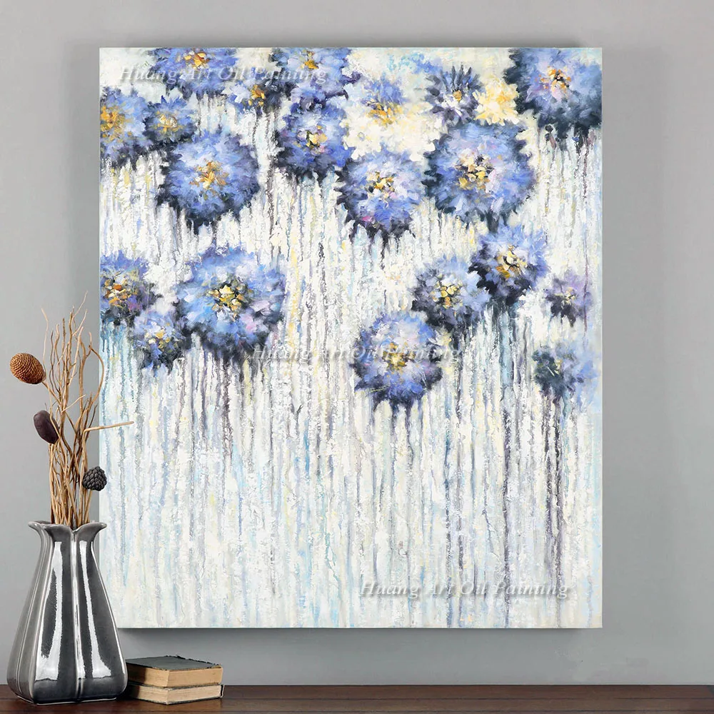 Hand Painted Painting Blue Little Daisy Wall Picture Modern Abstract Blue Purple Flower for Home Decor Oil Painting on Canvas