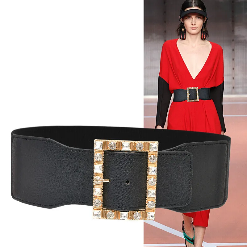 Apparel Accessories 7.5cm Wide Belt For Ladies Square Crystal Buckle Decoration Black PU Leather Fashion Leisure Waistbands