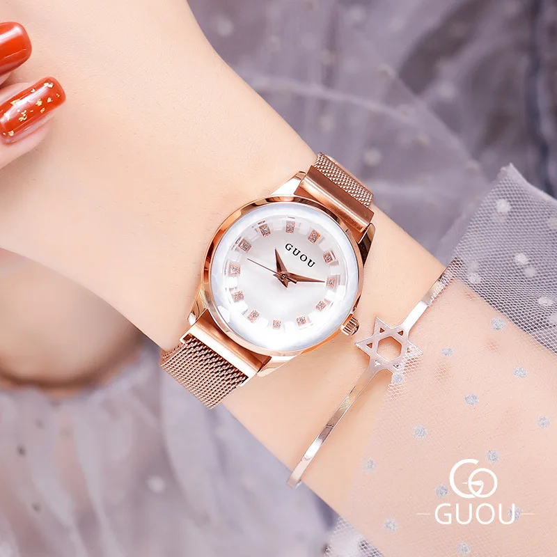 

2019 Star zircon stone crystal round dial steel watchband luxury fashion waterproof lady quarz wrist watch G6610