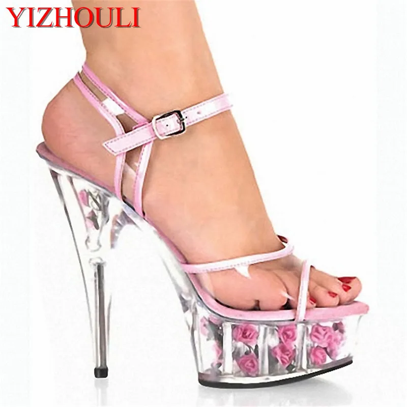 Crystal rose soles 15CM high heel sandals, nightclub pole dancing shoes, transparent vamp model high heel female dancing shoes