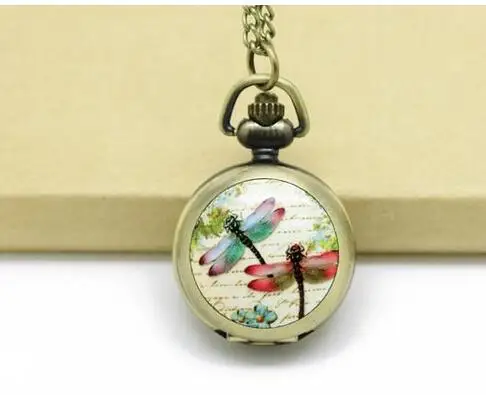 Antique Bronze Hollow Dragonfly enamel Quartz Pocket Watch Necklace Pendant Mens Gift PPP852