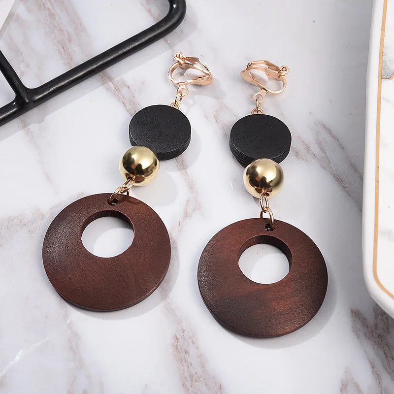 Pendientes de Clip de madera Natural para mujer, pendientes sin agujero perforado, pendiente geométrico de declaración de moda, regalo de joyería