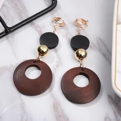 Natural Wood Clip on Earrings for No Pierced Hole Ear for Women Fashion Statement Geometric Earring Korean Girls Jewelry Gift