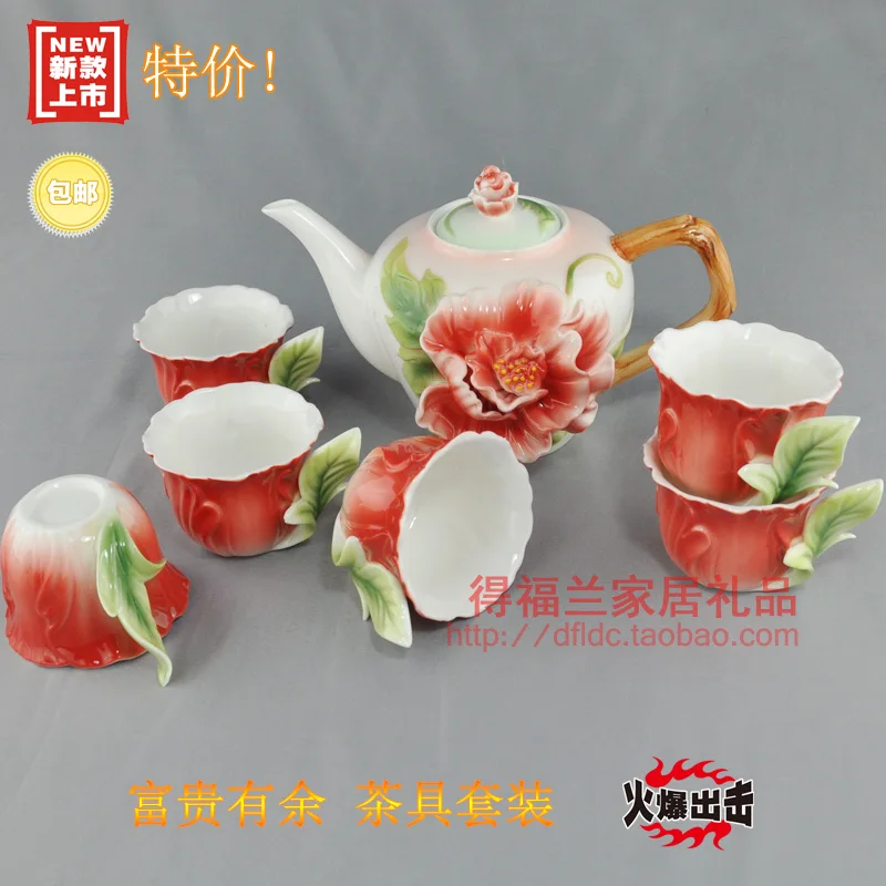 

Colored enamel porcelain kung fu tea set high-grade 1teapot 380ml +6teacup 50ml for wedding gift