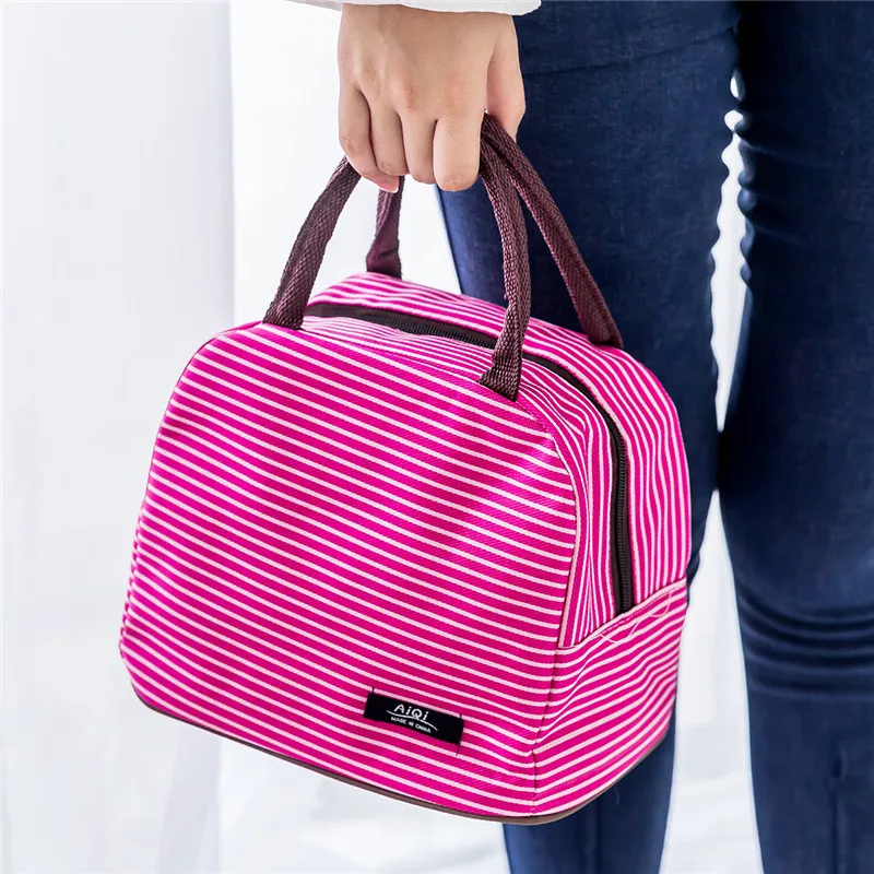 Leisure Women Portable Lunch Bag Canvas Stripe Insulated Cooler Bags Thermal Food Picnic Lunch Bags Kids Lunch Box Bag Tote