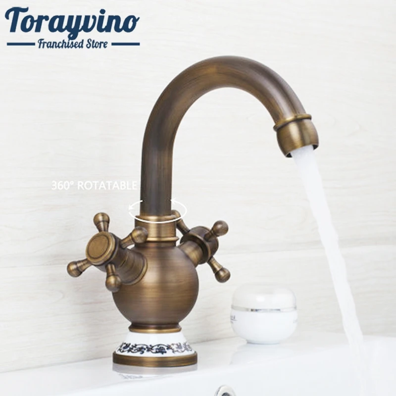 

Torayvino Antique Brass Swivel 360 Rotated Bathroom Basin Sink Mixer Tap Deck Mount Dual Handles Kitchen Tap Mixer Faucet