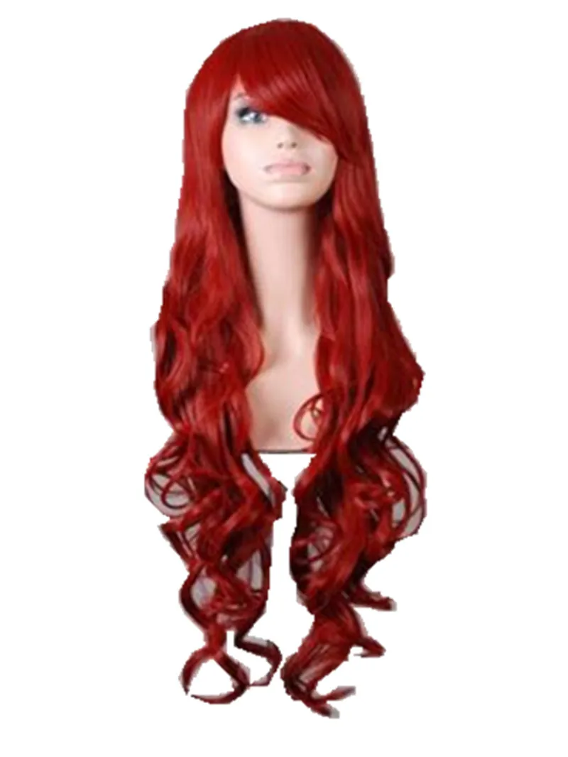 Perruque synthétique longue bouclée rouge pour femmes, perruque de Cosplay, coiffure bleue pour Halloween, Costume de carnaval, frange inclinée, perruque noire