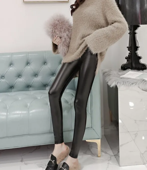 Leather Leggings Winter Fleece Lined Legging Fit High Stretchy Solid Good Elastic Slim Trousers Women OUC1705 Aidayou