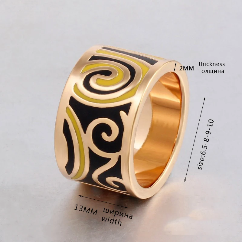 Color Culture 13mm Width Women Geometric Patterns Gold Stainless Steel Art Big Rings  Trendy Party Metal Enamel Jewelry