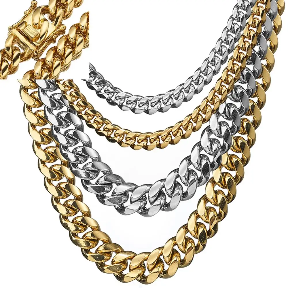 

8/10/12/14/16/18mm Hip Hop Buckle 316L Stainless Steel Silver Gold Miami Cuban Curb Chain Mens Womens Necklace Or Bracelet 7-40"