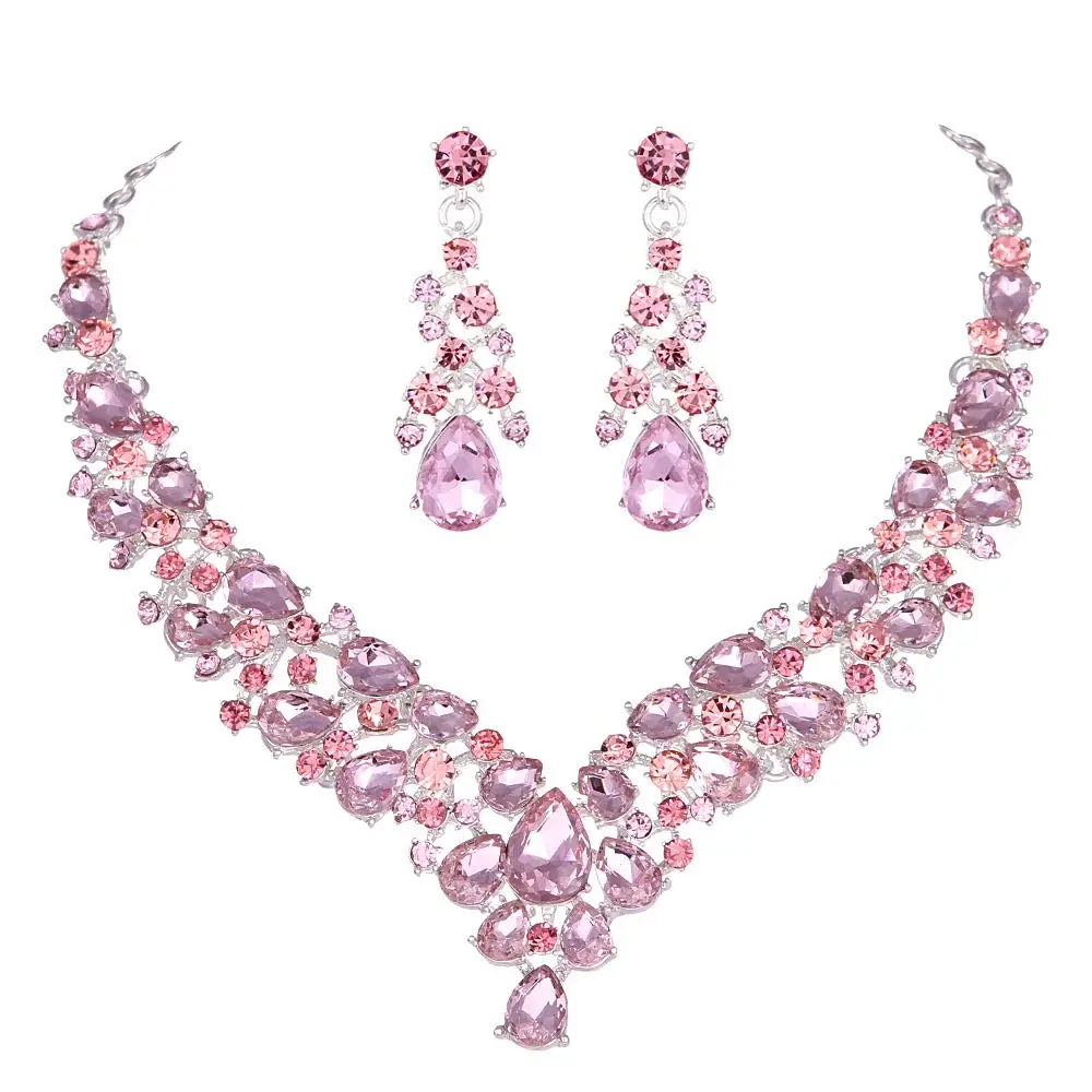 Crystal Pink Bridal Jewelry Sets Teardrop Shape Wedding Necklace Earrings African Fashion Party Jewelry Sets Accessories 8 color