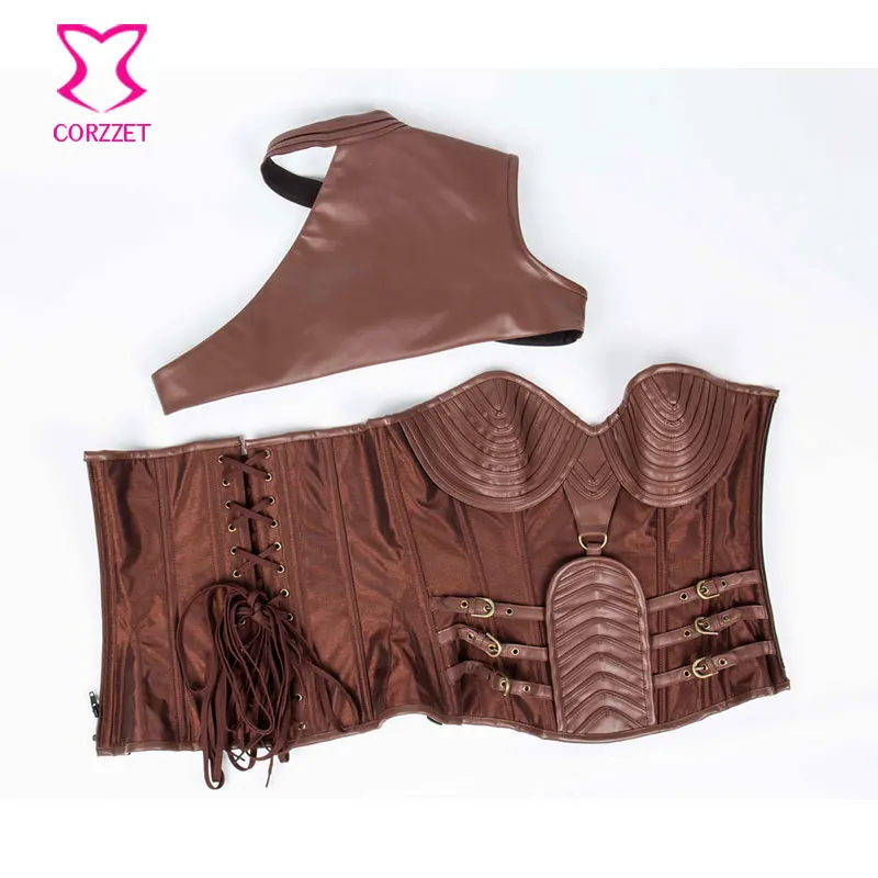 Vintage Brown Leather Armor Corset Steampunk Clothing Korsett For Women Corselet Plus Size Sexy Corsets And Bustiers Steel Boned