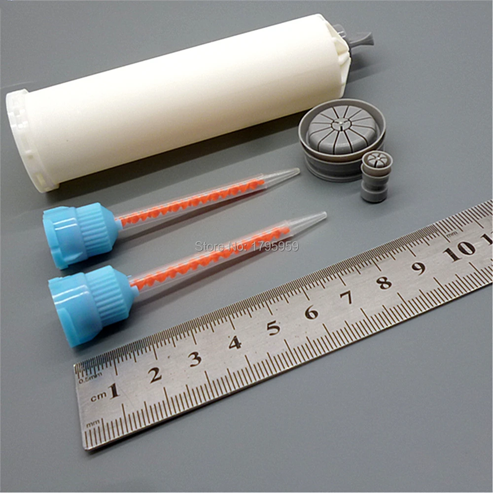 50ml 10:1 Dispenser di resina epossidica a doppia cartuccia vuoto AB tubo di colla con tappo di tenuta pistoni di tenuta 2 pezzi ugello di miscelazione miscelatore statico