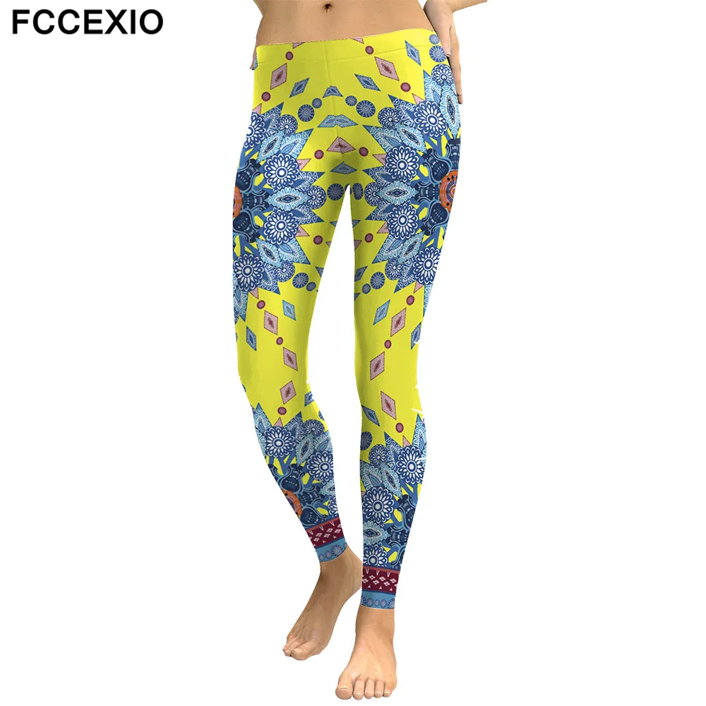 

FCCEXIO 2019 European Style Leggings Women Colorful Mandala Flower Printed Woman Leggins Fitness Legging Elastic Mujer Pants