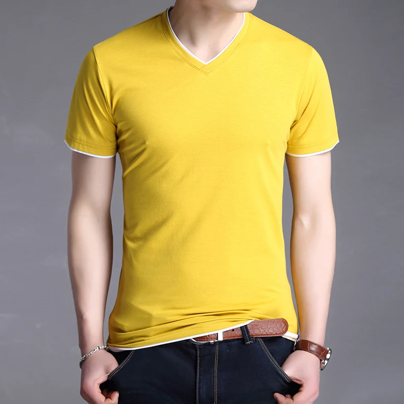 2023 New Fashion Brand T Shirt Men V Neck Solid Color Trends Streetwear Tops Summer Cotton  Short Sleeve T-Shirt Mens Clothing