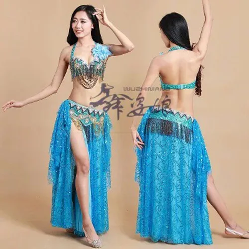 Chất lượng cao hoàn toàn làm bằng tay khâu Trang Phục Belly Dance 3 cái/bộ Bra & Đai & Váy S/M/L đẹp dancing Costume Mặc cho phụ nữ/phụ nữ