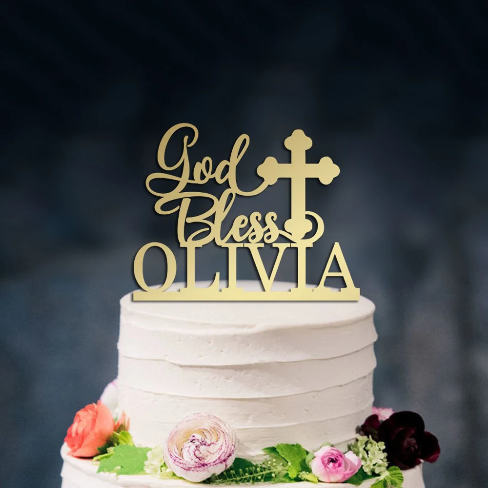 Decoração do Batismo do Chuveiro do bebê, Nome Personalizado Deus Abençoe o Topper do Bolo, Batizado Acrílico, Primeira Comunhão, Cor