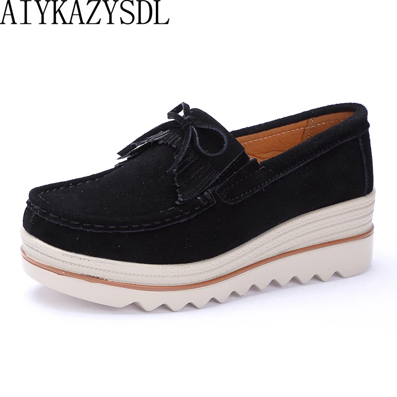 

AIYKAZYSDL Women Flats Shoes Platform Sneakers Genuine Suede Leather Flat Wedge Heel Creepers Moccasins Casual Tassel Bow Flats