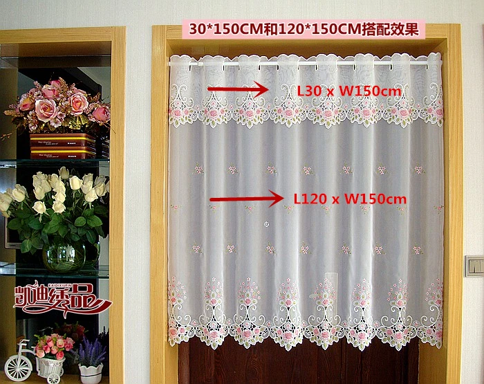 Countryside Half-curtain Embroidered Tulle Valance Light Shading Coffee Curtain for Kitchen for Cabinet Door A-105