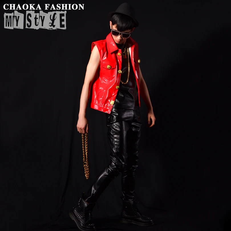 2021 New Korean Fashion Slim Red Paint Leather Vest Style Dance Ds Stage Club Bar Singer Performance Apparel Singer Costumes