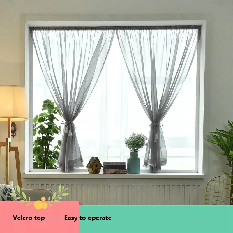 Magic Paste Tulle Curtains for Door and Window, Solid Grey Sheer Curtain for Bedroom, Kitchen, Easy Install Short Curtains