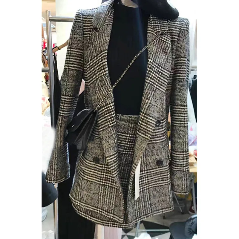 Hot Selling new 2018 lattice stripes long suit jacket half skirt suit ladies fashion casual suit + skirt two piece set (B482)