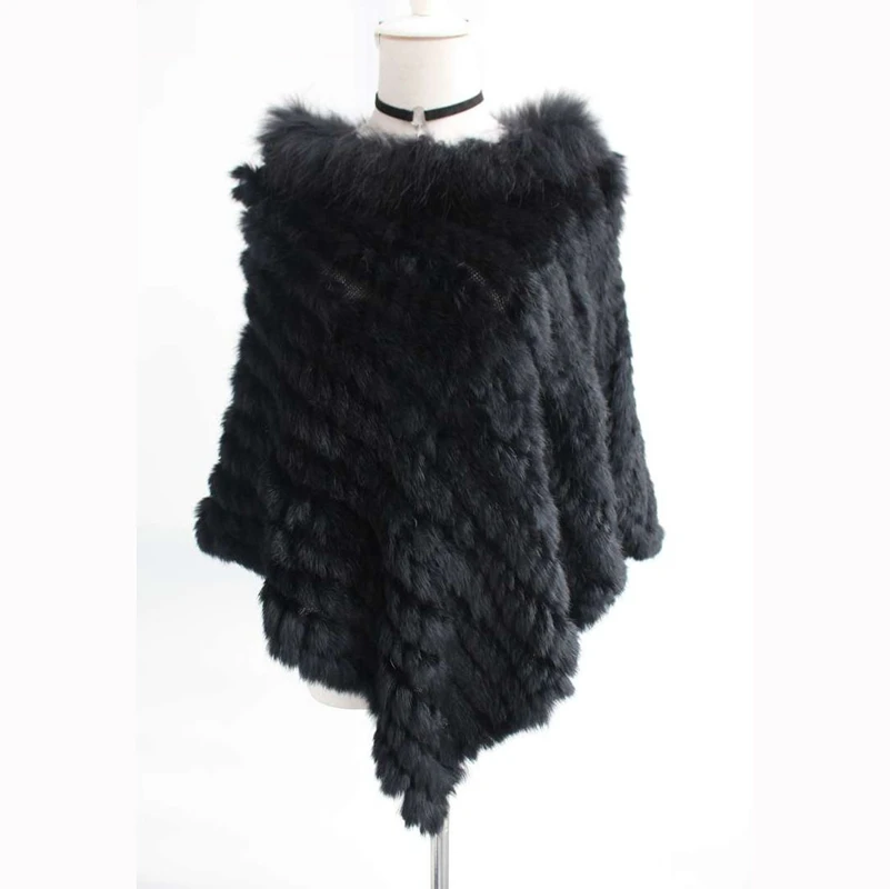 

Autumn Winter Women's Genuine Knitted Rabbit Fur Poncho Raccoon Fur Pashmina Wraps Lady Capes Female Stole VF5026