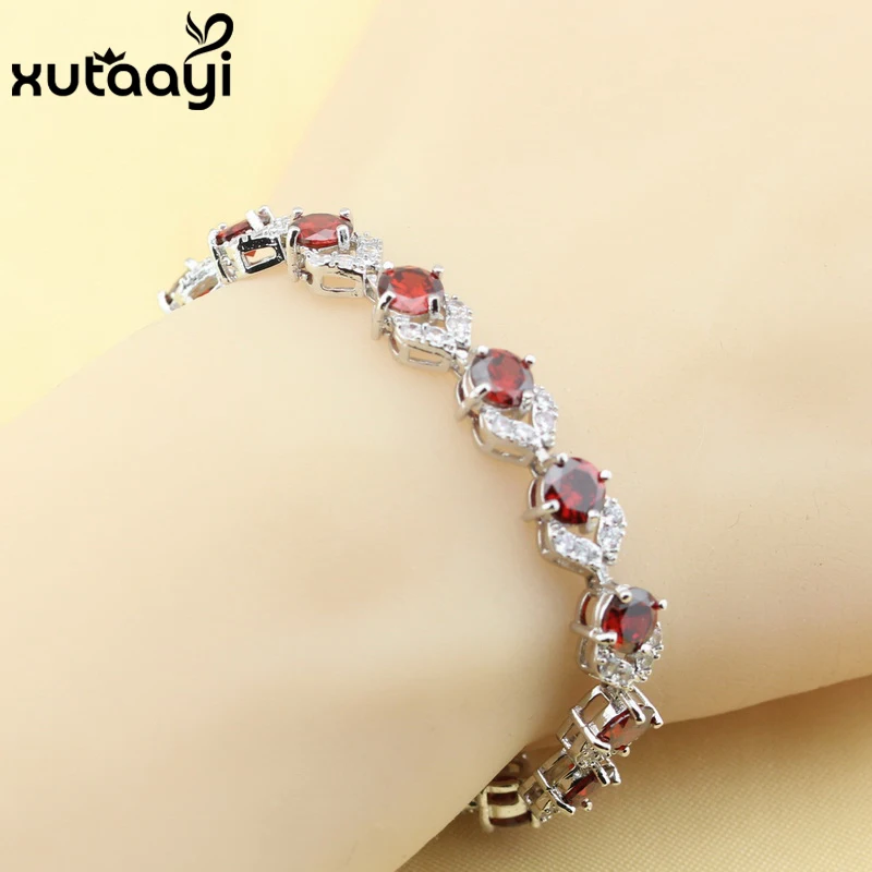 Red Created Garnet  Fashion  Silver colorcolor Jewelry Sets For Women  Alluring Wedding Necklace Rings Earrings Bracelet