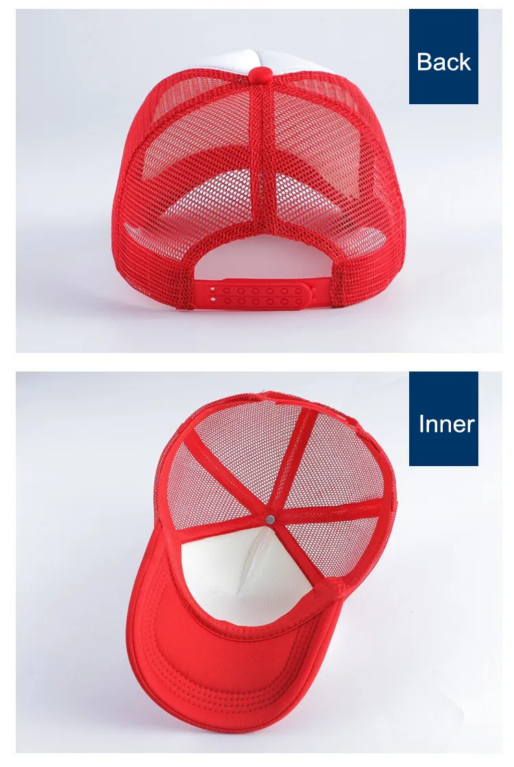 1-teilige Sommer-Trucker-Mütze mit individuellem Logo für Männer und Frauen, Netz-Polyester-Baseballkappe, bedrucktes Netz, Papa-Hüte, verstellbares Sonnenhut-Visier – Detail 9