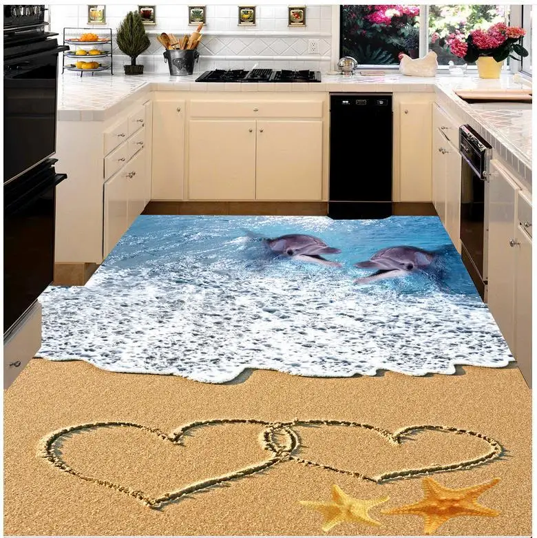 non-slip waterproof self-adhesive PVC Wallpaper Waves 3D bathroom floor painting Custom Photo Floor 3D Wallpaper Modern Art