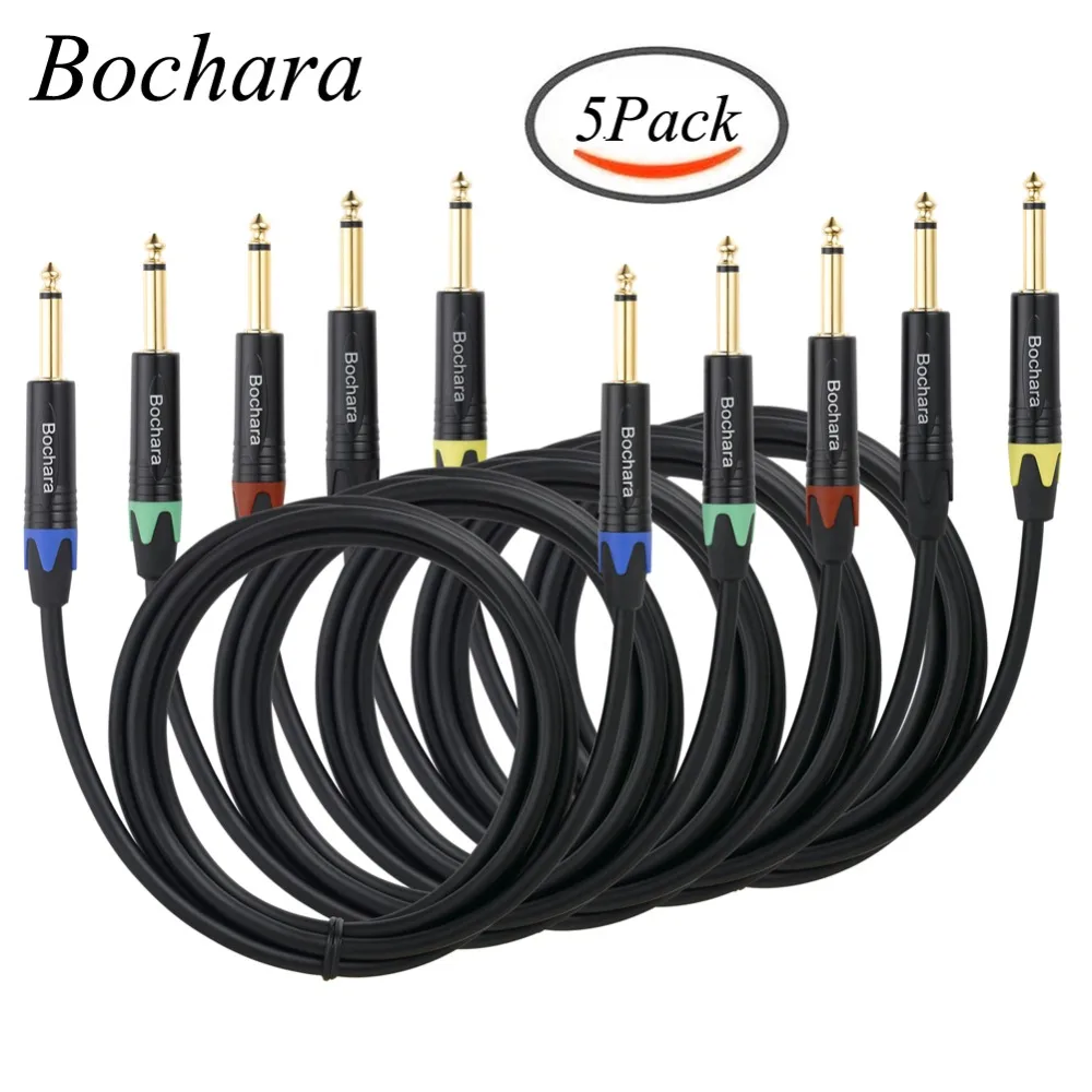 Bochara-cable de instrumento de guitarra OFC, lámina de Audio, blindaje trenzado, 1/4 pulgadas, 6,35mm, TS a 6,35mm, 5 paquetes