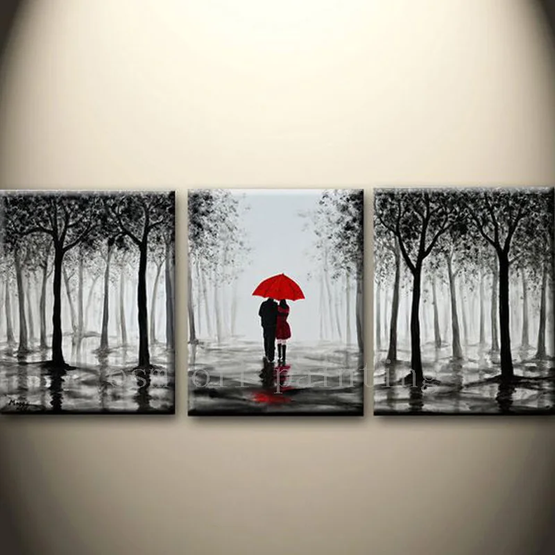 

Top Hand Painted Black and White Style Abstract Wall Art Canvas Picture Handmade Couple with Red Umbrella Oil Painitng Landscape