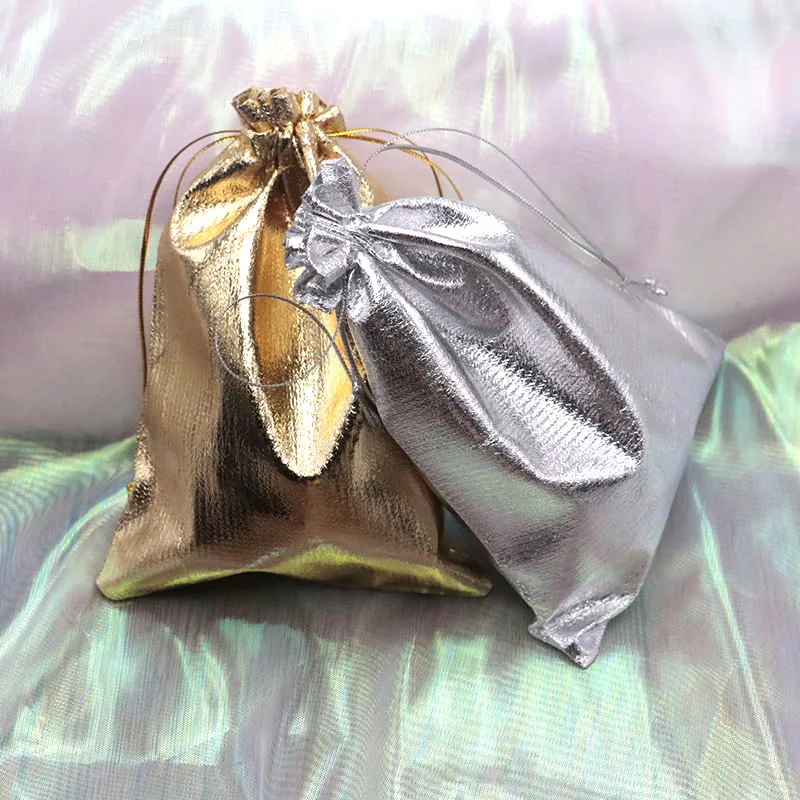 Bolsas pequeñas de lujo para joyería, embalaje de plata y oro de 11x16cm, 13x1 y 8cm, lote de 20 piezas de tela para almacenamiento de cuentas, logotipo personalizado