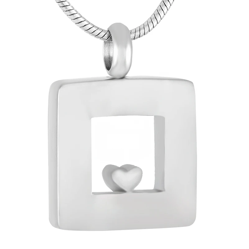 IJD9348 Waterproof High Quality Stainless steel Ashes Pendant for Pet,Unique design Heart inaly Square Cremation Urn Necklace