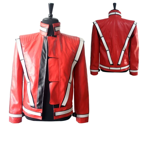 2016 Punk novedad raro Cool hombres rojo MJ Michael Jackson Thriller punto abierto Concierto Vocal chaqueta de moda de cuero prendas de vestir
